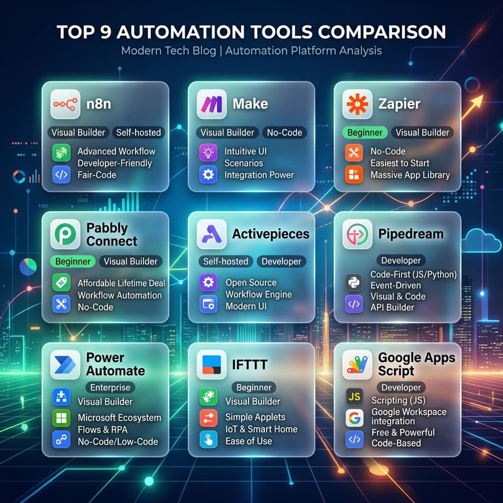 n8n vs Make vs Zapier: 9 Automation Tools Compared (2026) featured image