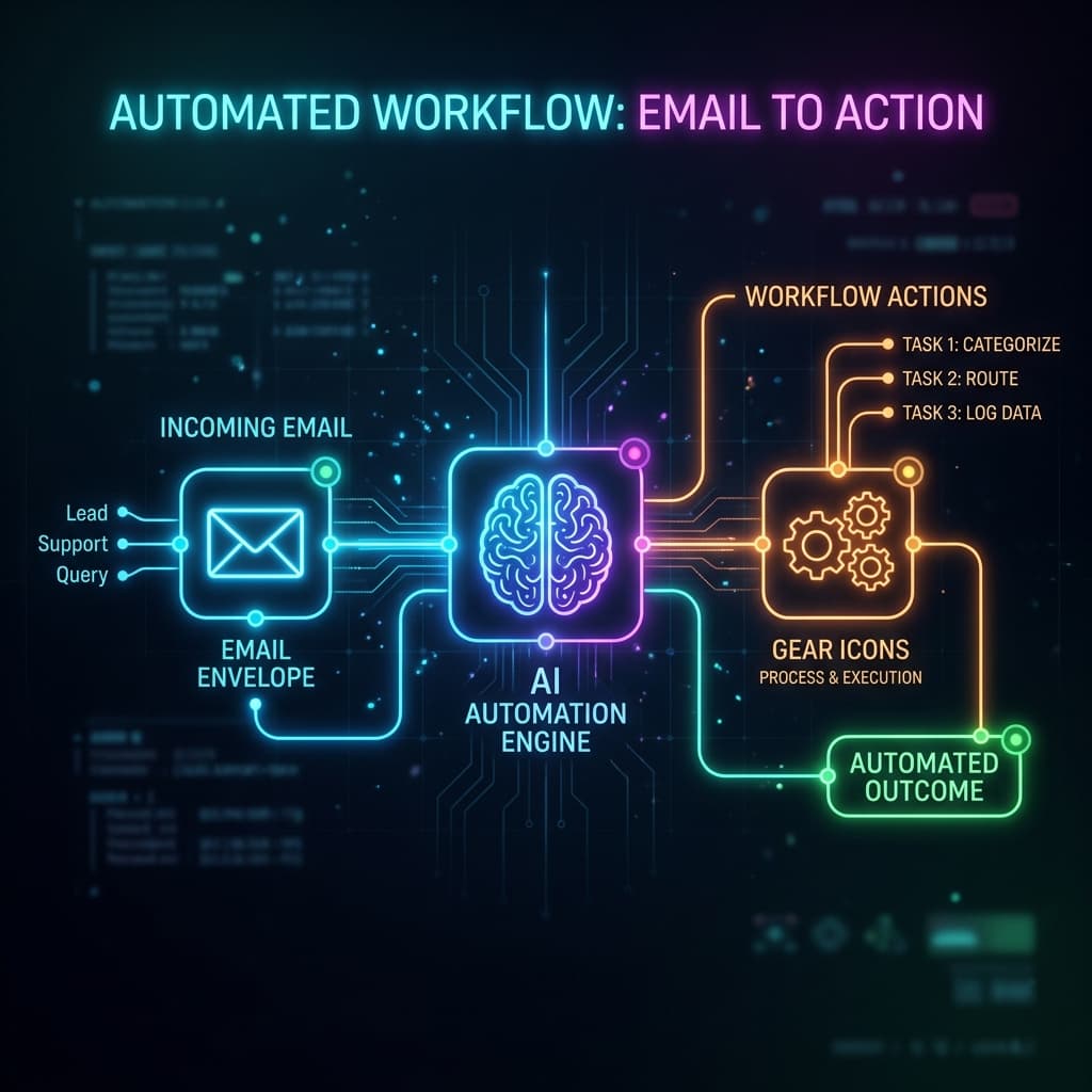 A neon automation workflow diagram connecting AI brains to email envelopes