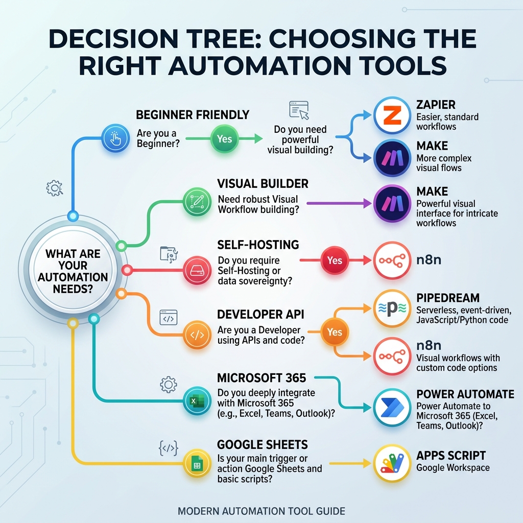 automation tool decision tree for choosing n8n Make Zapier or other tools